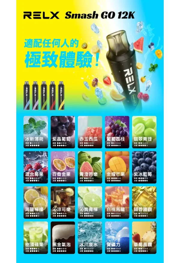 060656f31fdfa9181452a8b28971035c.webp RELX Smash Go 12000 口拋棄式電子煙|獨家防乾燒技術|優化空氣力學配置展現均衡流暢之鮮明擊喉層次體驗