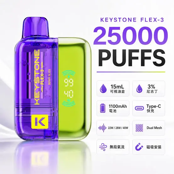 images 【買一盒煙彈送主機】KEYSTONE FLEX-3 鑰石 25000口 專用磁吸換彈拋棄式電子煙套裝|Mesh網狀芯細膩霧化|多模式調節打造個性化使用體驗